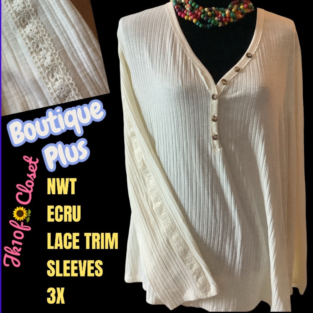 LOWEST🌺 NWT Belle Du Jour 3X Ecru Ribbed w/ Lace-Trim Sleeves Henley Top